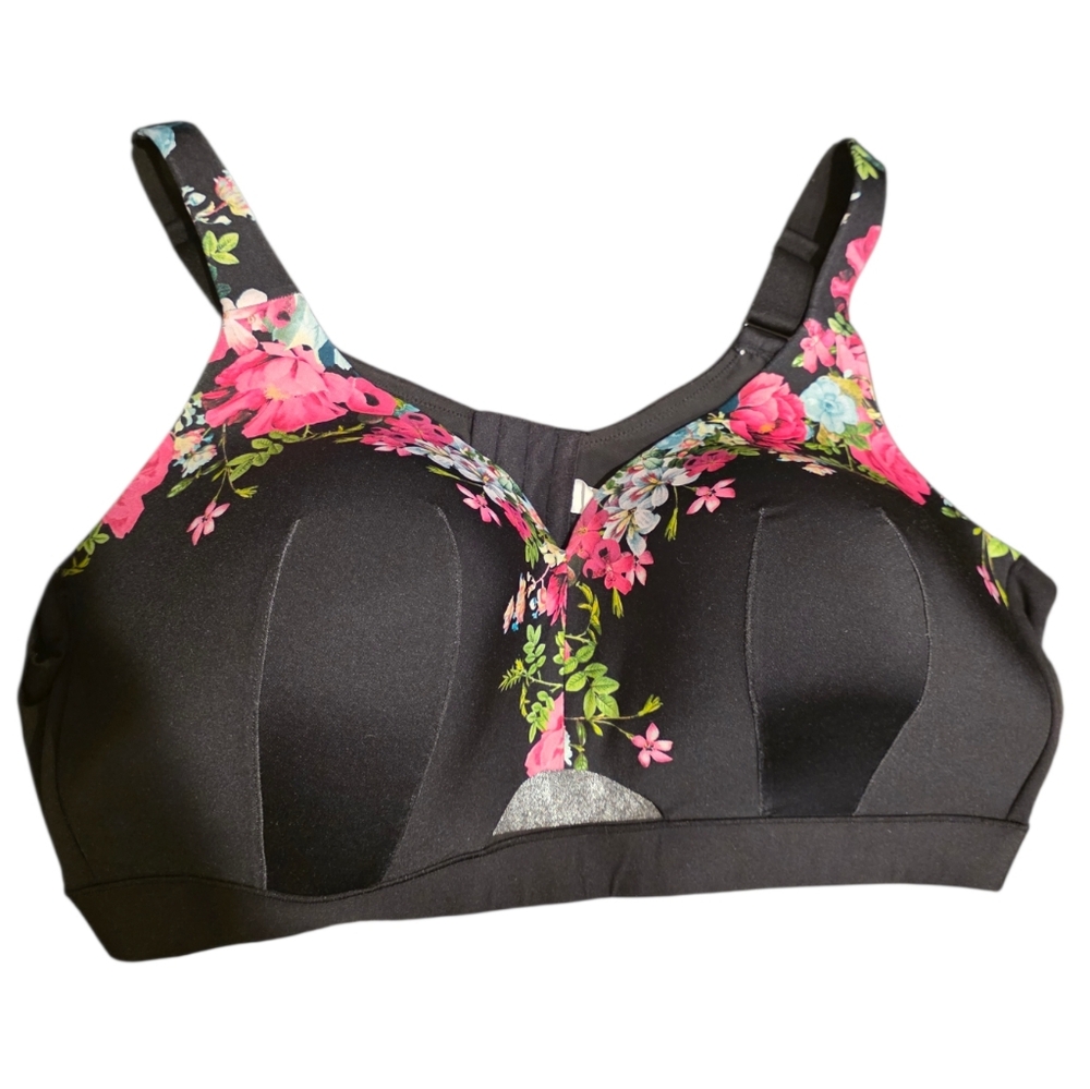 CACIQUE Lightly Lined‎ No Wire Adjustable Bra Black Pink Floral - Size 48DD